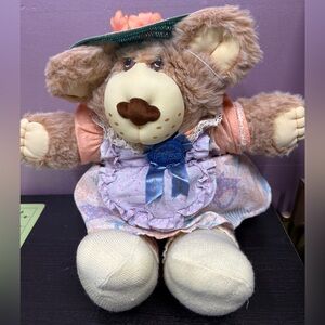 Vintage Furskin Brown Plush Bear with Pink and Purple Dress